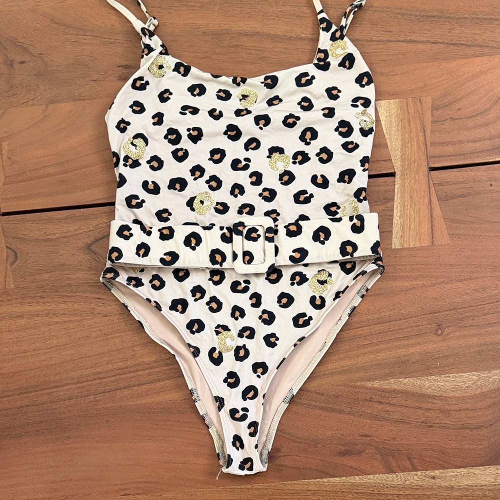 Beach Riot Cream Leopard-Print Kids One-Piece Swimsuit with Belt